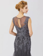 Mermaid / Trumpet Mother of the Bride Dress Classic & Timeless Elegant & Luxurious See Through Illusion Neck Floor Length Lace Tulle Sleeveless with Pleats Appliques