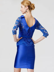 Sheath / Column Mother of the Bride Dress Formal Elegant Vintage Inspired High Neck Knee Length Stretch Satin Sheer Lace 3/4 Length Sleeve No with Sash / Ribbon Bow(s)