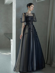A-Line Tulle Butterfly Lace Black Long Prom Dress, Black Long Evening Dress