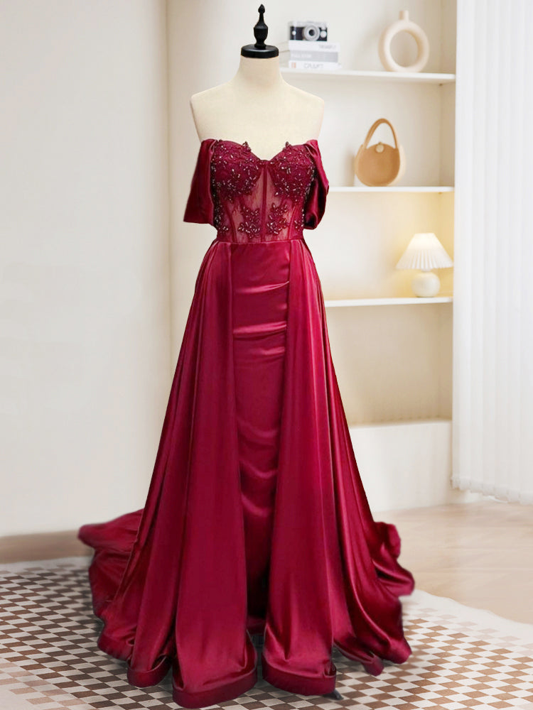 Burgundy A-Line Off Shoulder Satin Lace Long Prom Dress, Burgundy Long Formal Dress