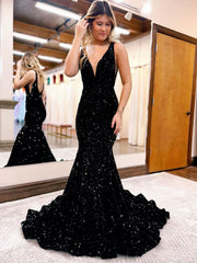 Unique Velvet Sequin Burgundy Mermaid Long Prom Dress, Sequin Formal Evening Dress