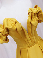 A-Line Off Shoulder Satin Yellow Long Prom Dress, Yellow Formal Dress