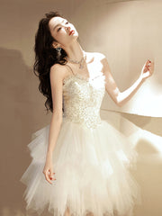 Beige Tulle Sequin Short Prom Dress, Beige Homecoming Dress