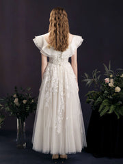 Light Champagne Tulle Lace Tea Length Prom Dress, Champagne Wedding Party Dress