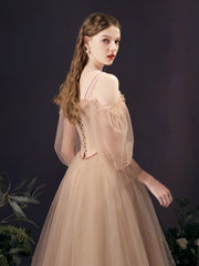 A-Line Champagne Long Prom Dress, Champagne Tulle Formal Evening Dress