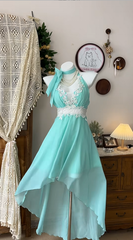 Retro Blue-green Applique Design A-line Chiffon Elegant Homecoming Dress Birthday Dress Party Dress HZ0319