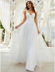 Reception Simple Wedding Dresses A-Line Sweetheart V Wire Regular Straps Sweep / Brush Train Tulle Bridal Gowns With Crystals