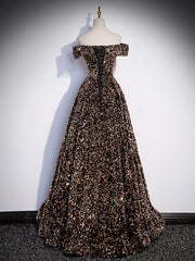 A-Line Off Shoulder Coffee Gold Sequin Long Prom Dress, Coffee Gold Formal Dress
