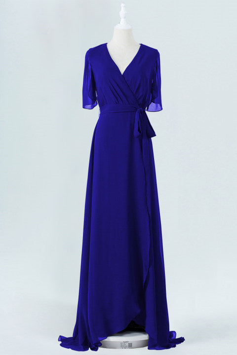 Royal Blue Chiffon Wrap lange bruidsmeisje jurk