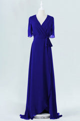 Royal Blue Chiffon Wrap lange bruidsmeisje jurk