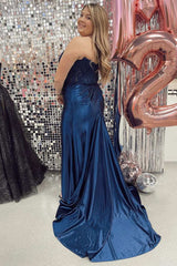 Mermaid Lace Satin Strapless Ruching Long Prom Dress with Slit
