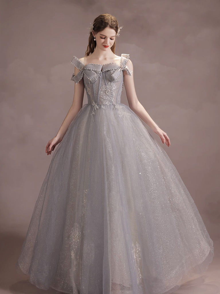 A-Line Tulle Lace Gray Long Prom Dress, Gray Long Formal Dress