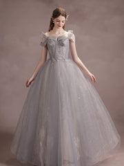 A-Line Tulle Lace Gray Long Prom Dress, Gray Long Formal Dress