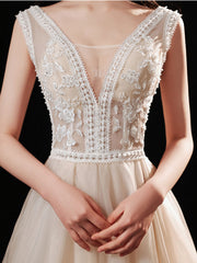 Champagne v neck lace tulle long prom dress, champagne evening dress