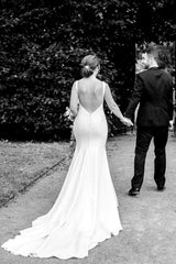 Simple V-Neck Backless Trumpet Long Wedding Dress