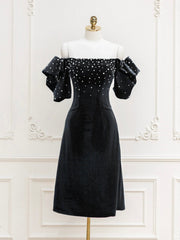 Black Velvet Beads Short Prom Dress, Black Evening Dress