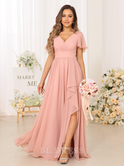 A-line V Neck Chiffon Pleated formal dresses Bridesmaid Dresses evening gown Prom Dress with Slit