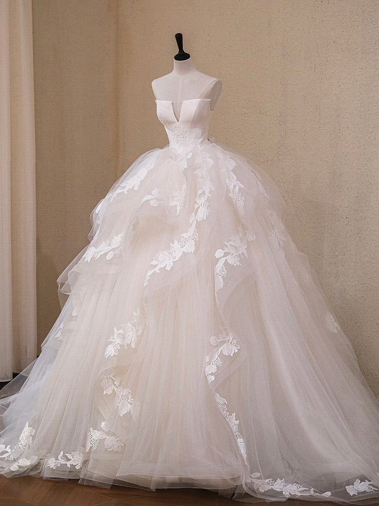 A-Line Tulle Lace Light Champagne Long Prom Dress, Light Champagne Wedding Dress
