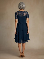 Lace Short Sleeves Chiffon Ruffle Knee-Length Dress Dark Navy