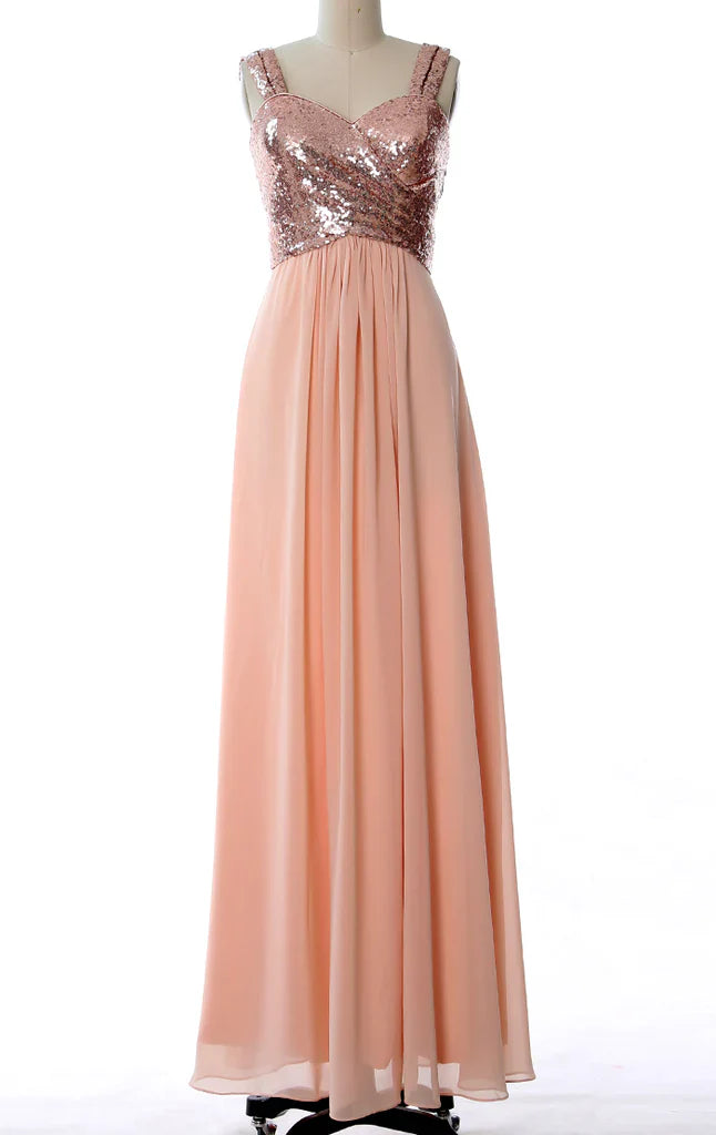 Straps Sequin Chiffon Long Bridesmaid Dress