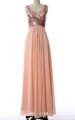 Straps Sequin Chiffon Long Bridesmaid Dress