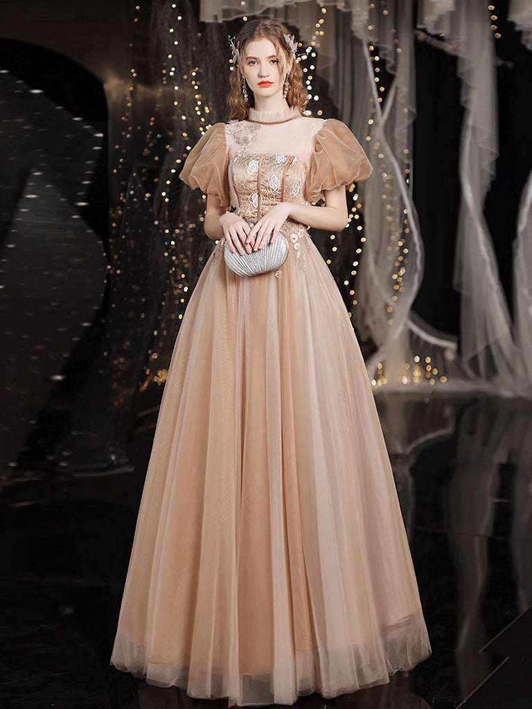 A-Line Tulle Lace Champagne Long Prom Dress, Champagne Long Evening Dress