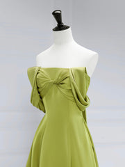 A-Line Off Shoulder Green Satin Long Prom Dress, Green Long Formal Evening Dress