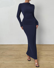 Navy Women Bodycon Maxi Dress Long Sleeve Back Slit Ruched Elegant Party Cocktail Formal Fall Prom Dresses