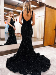 Unique Velvet Sequin Burgundy Mermaid Long Prom Dress, Sequin Formal Evening Dress