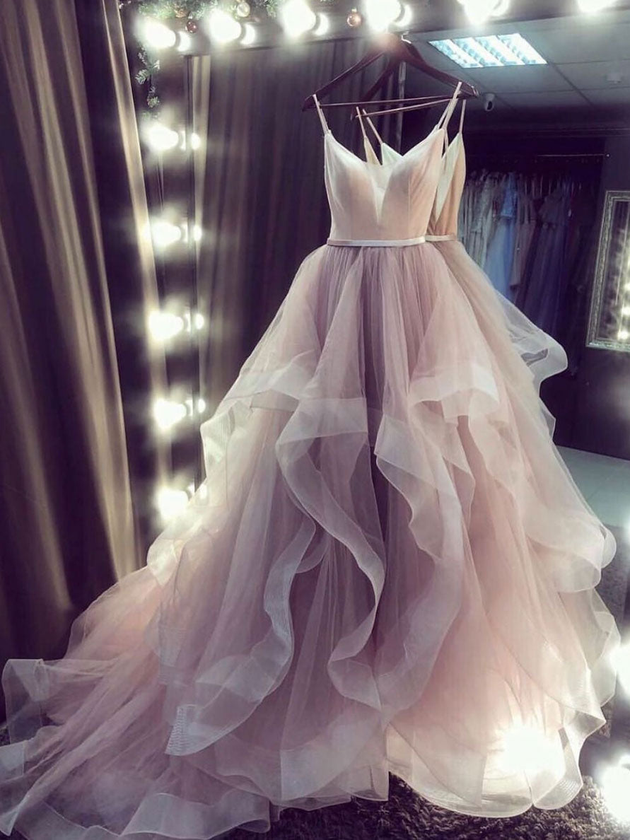 Champagne v neck tulle long prom dress champagne evening dress