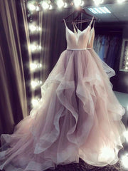 Champagne v neck tulle long prom dress champagne evening dress