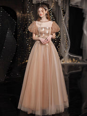 A-Line Tulle Lace Champagne Long Prom Dress, Champagne Long Evening Dress