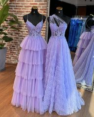 A-Line Tulle Lace Purple Long Prom Dress, Purple Long Formal Dress