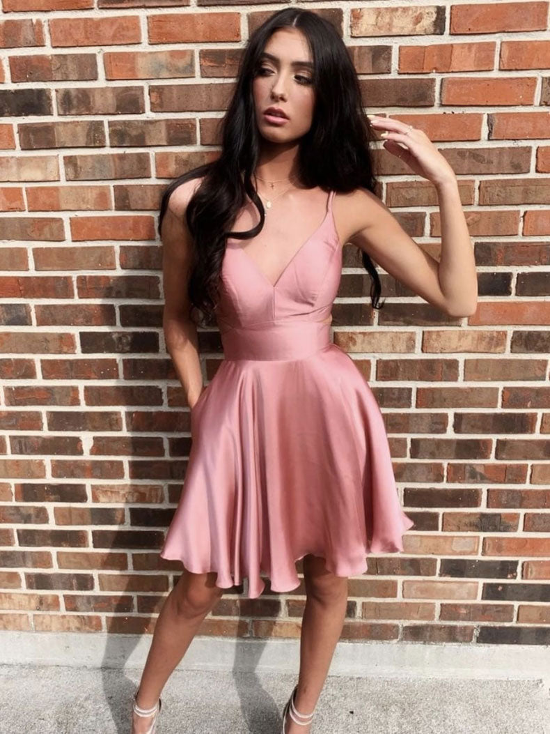Pink v neck short prom dress pink cocktail dress