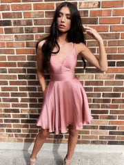 Pink v neck short prom dress pink cocktail dress