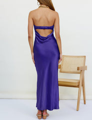Navy Strapless Satin Tube Bodycon Backless Formal Prom Dress