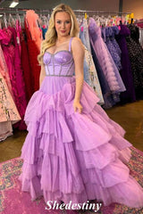 Spaghetti Straps Lilac Ruffle Tiered Rhinestone Formal Porm Dress