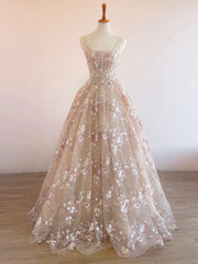 A-Line Lace  Champagne Long Prom Dress, Champagne Long Evening Dress