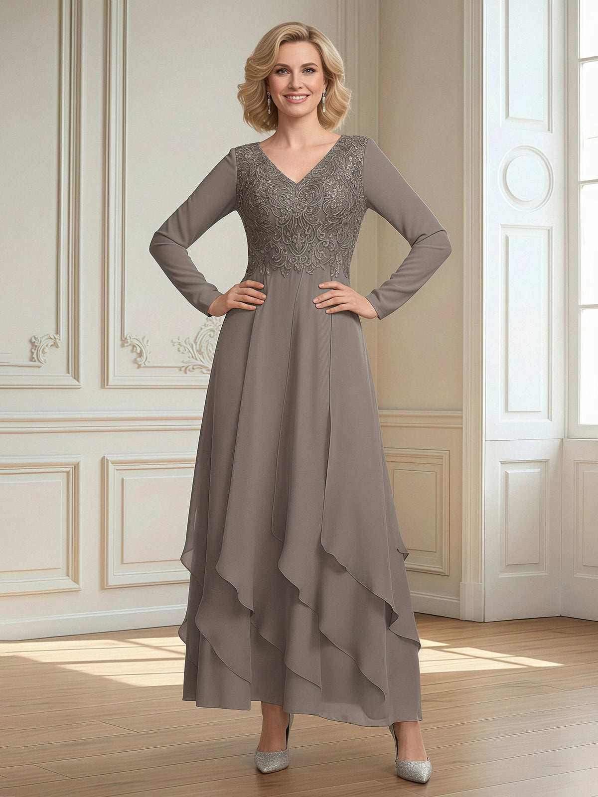 A-Line V-neck Lace Bodice Ruffles Chiffon Dress Taupe