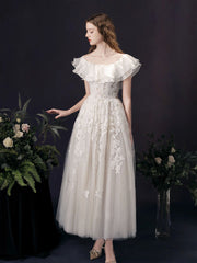 Light Champagne Tulle Lace Tea Length Prom Dress, Champagne Wedding Party Dress