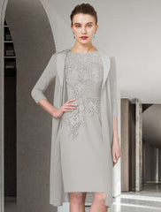 Two Piece Sheath / Column Mother of the Bride Dress Fall Wedding Guest Church Plus Size Elegant Jewel Neck Knee Length Chiffon Lace Half Sleeve Wrap Included Jacket Dresses