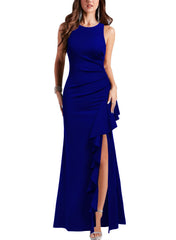 Royal Blue Women's Scoop Neck Sleeveless Split Bodycon Mermaid Evening Cocktail Long Prom Dress