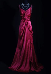 Vintage Fuchsia Satin Beaded Evening Gown Sheath Ruffled Party Dress Long Formal Dress HZ1024