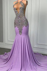 Lange lila mouwloze halter zeemeermin prom -jurk met kralen