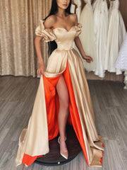 Champagne satin long prom dress, champage evening dress