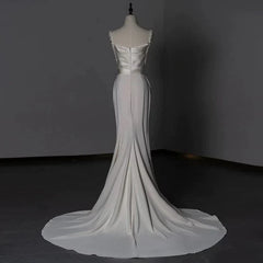 Sheath Long Satin White Wedding Dresses With Beads