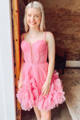 Pink Tulle Spaghetti Strap A-Line Short Dress with Ruffles