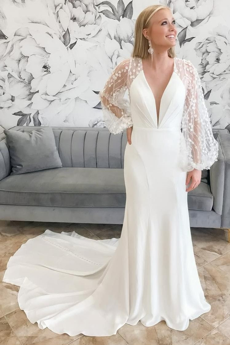 Ivory Plunge V Mermaid Long Wedding Dress with Balloon Sleeves
