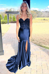 Mermaid Black Sweetheart Sequin Applique Prom Dress with Slit