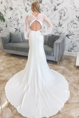 Ivory Plunge V Mermaid Long Wedding Dress with Balloon Sleeves